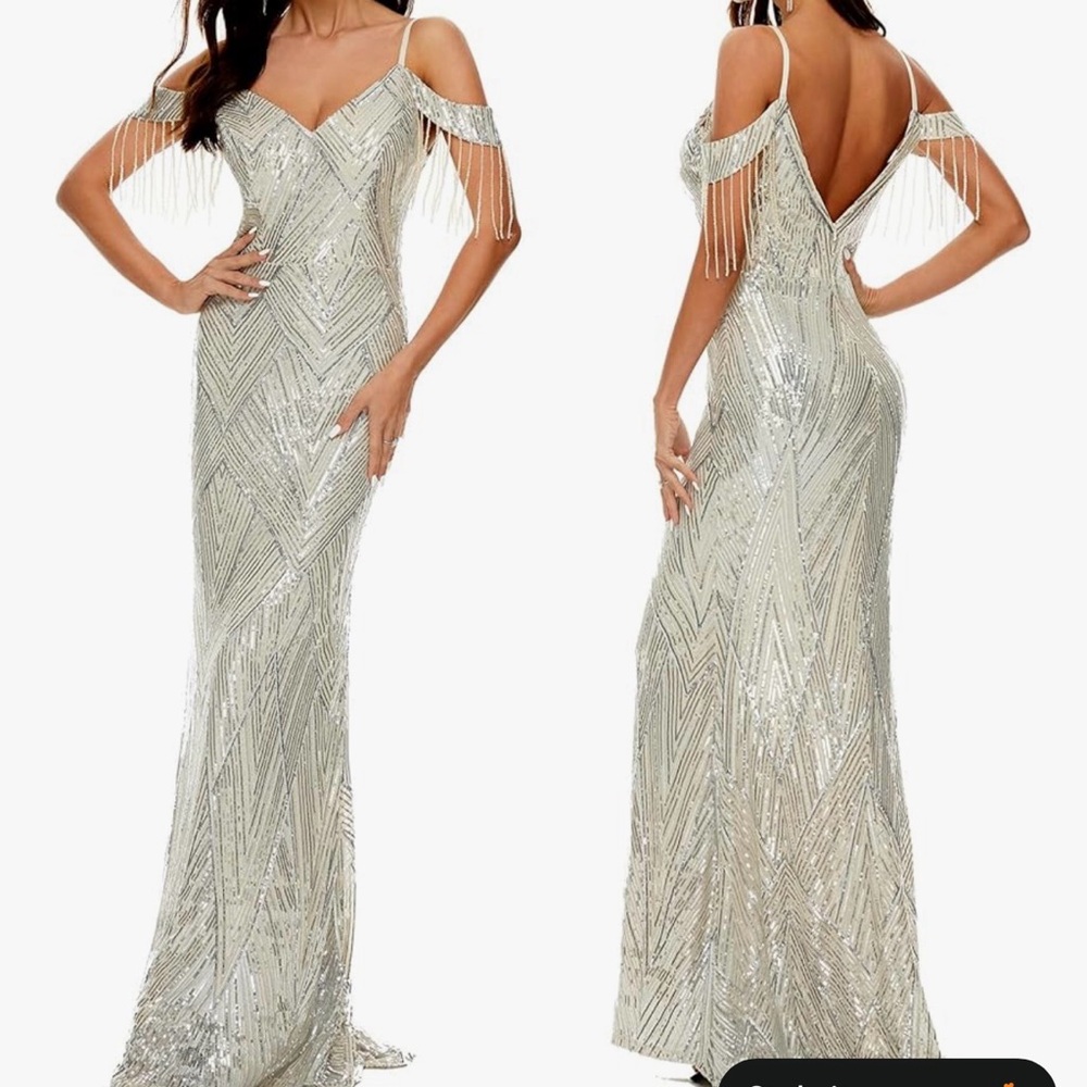 Silver Sequin Gown with Fringe Sleeves